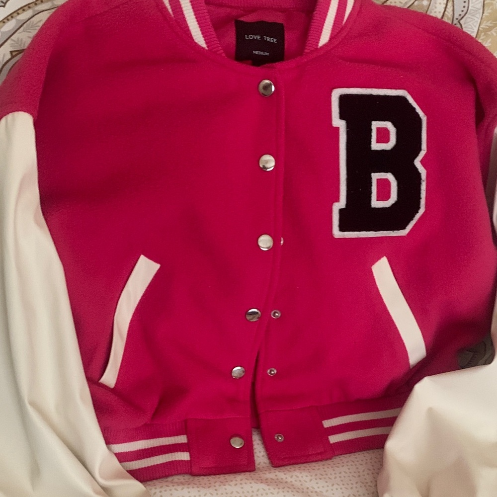 Love Tree Kids Varsity Jacket in Pink and White